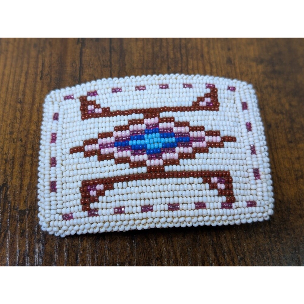 Vintage Native American Style Hand Seed Beaded Geometric Design Belt Buckle